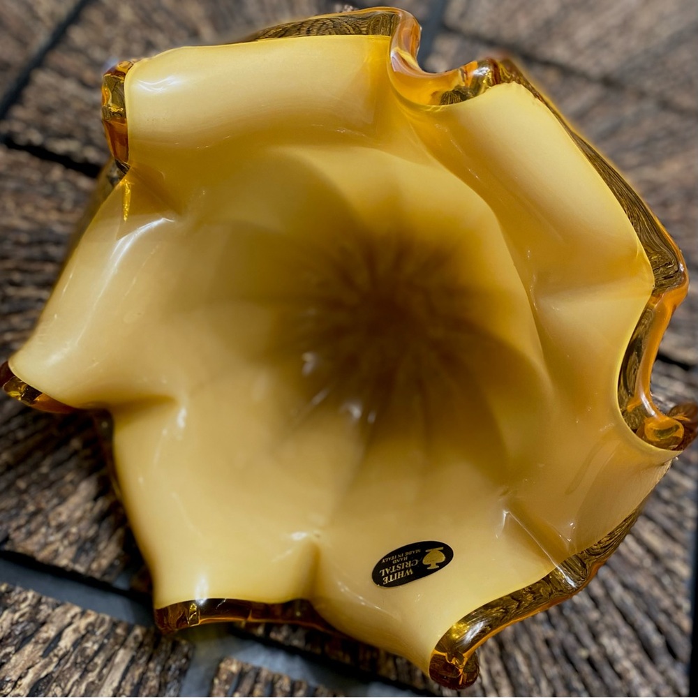 Pristine Vintage Murano Italian Handmade Ripple Amber Art Glass Bowl Mid-Century